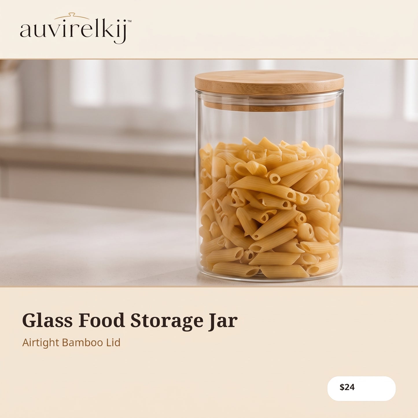 auvirelkij™ Glass Food Storage Jar with Bamboo Lid – Airtight Pantry Canister for Pasta, Cereal, Coffee & Dry Goods
