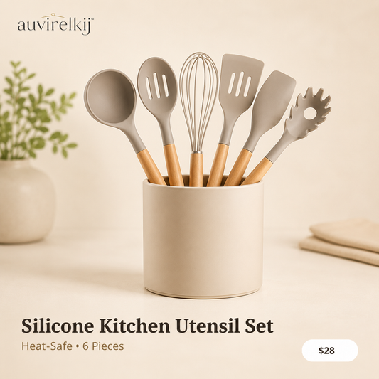 auvirelkij™ Silicone Kitchen Utensil Set with Holder – Heat-Resistant Cooking Tools, Non-Scratch Spatulas, Spoons & Whisk