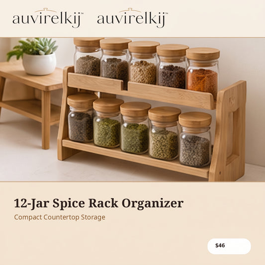 auvirelkij™ 12-Jar Bamboo Spice Rack Organizer – Countertop Seasoning Storage Set with Clear Glass Jars & Labels