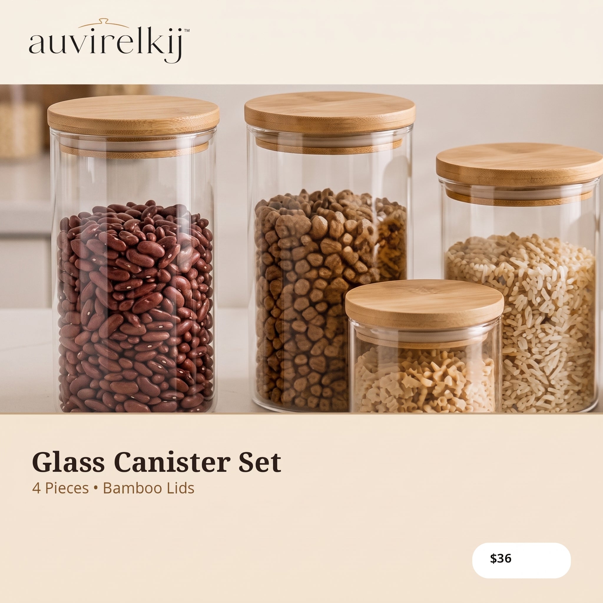 auvirelkij™ Glass Canister Set with Bamboo Lids – 4-Piece Airtight Kitchen Storage Jars for Pantry Organization