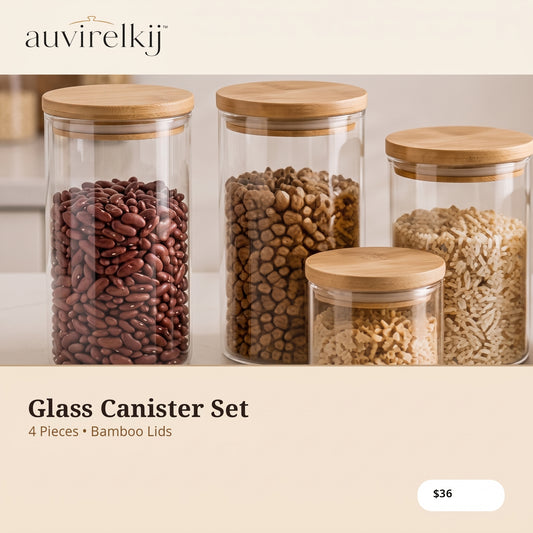auvirelkij™ Glass Canister Set with Bamboo Lids – 4-Piece Airtight Kitchen Storage Jars for Pantry Organization