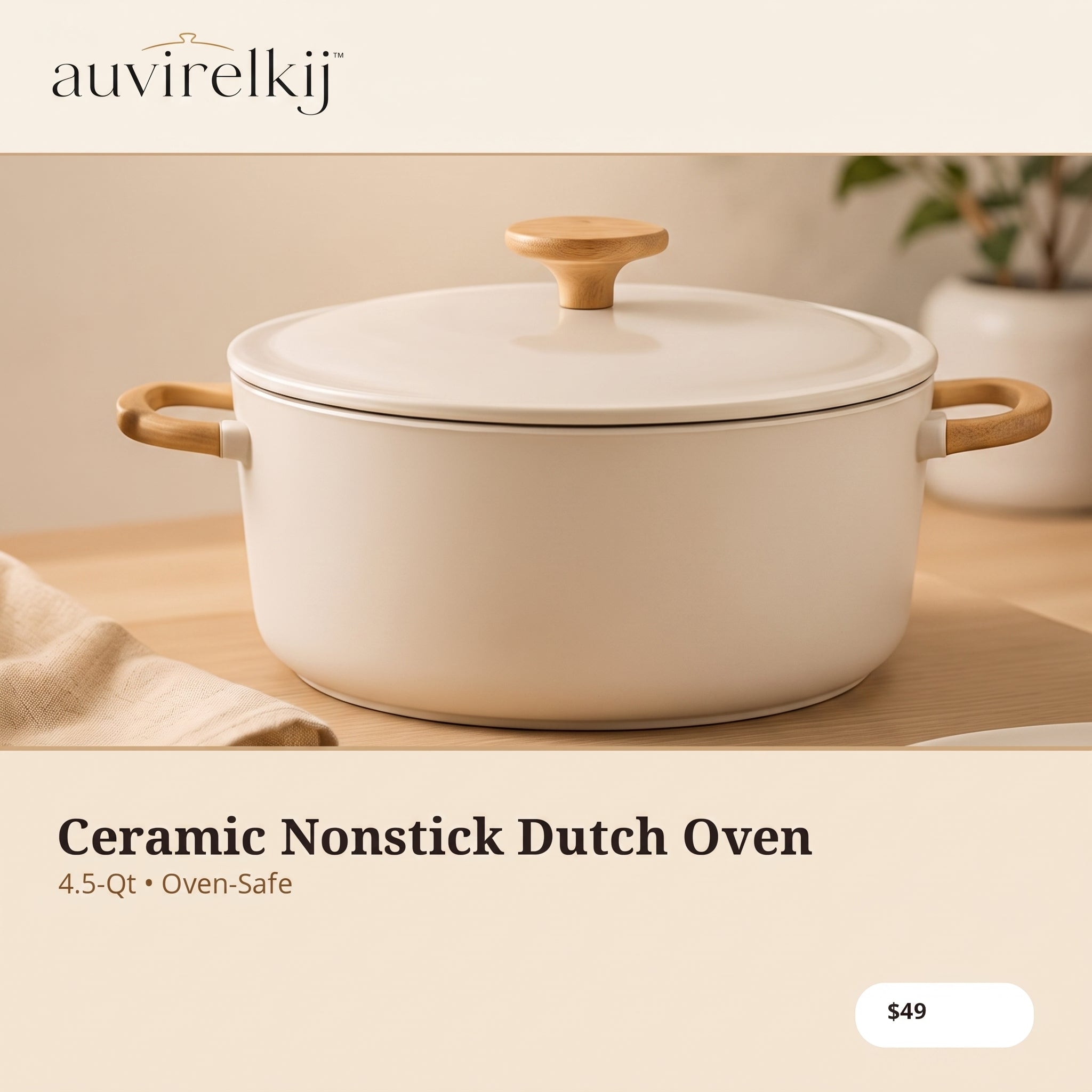 auvirelkij™ Ceramic Nonstick Dutch Oven with Lid – 4.5-Qt Induction Cookware Pot, Oven-Safe Casserole & Everyday Stockpot