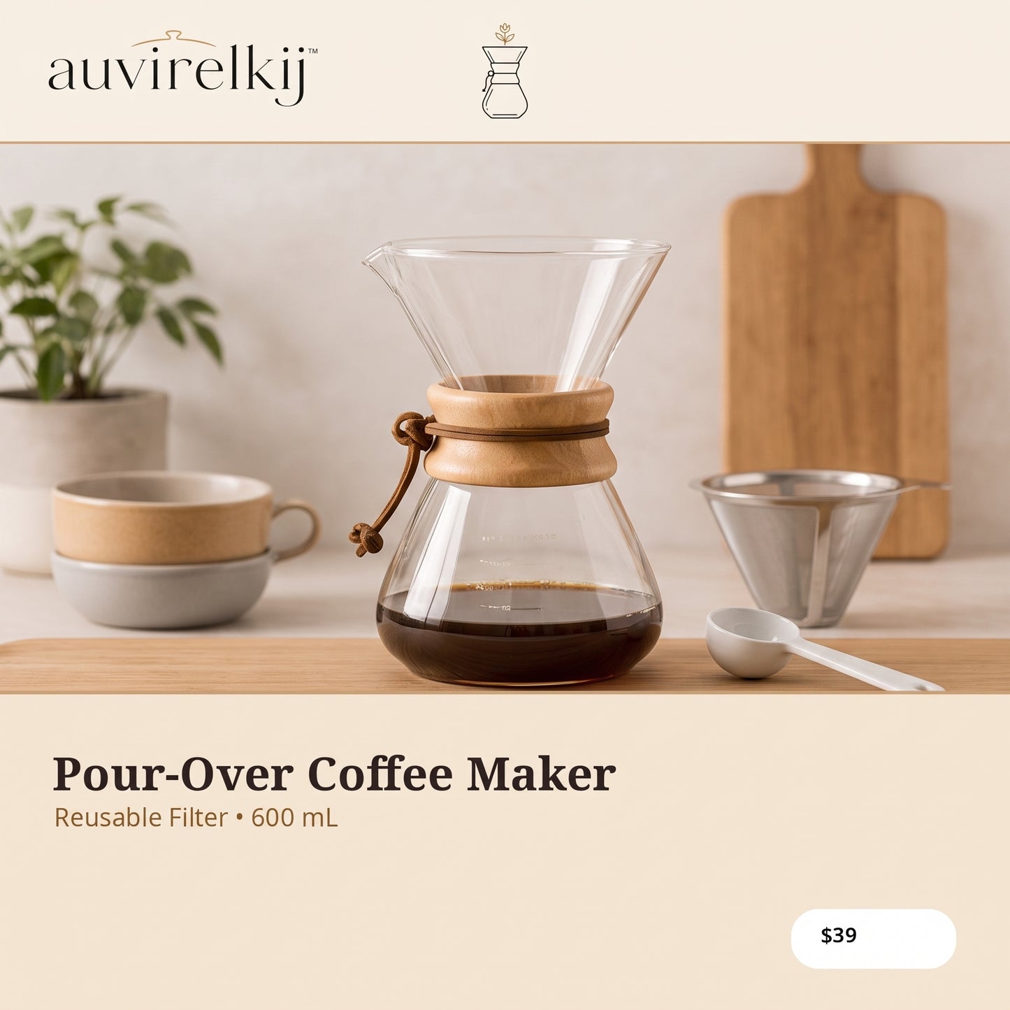 auvirelkij™ Glass Pour-Over Coffee Maker – 600 mL Borosilicate Carafe, Reusable Stainless Filter & Wood Collar