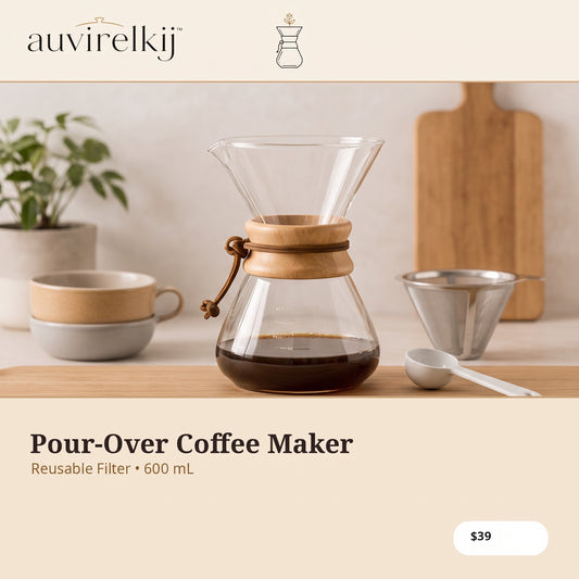 auvirelkij™ Glass Pour-Over Coffee Maker – 600 mL Borosilicate Carafe, Reusable Stainless Filter & Wood Collar