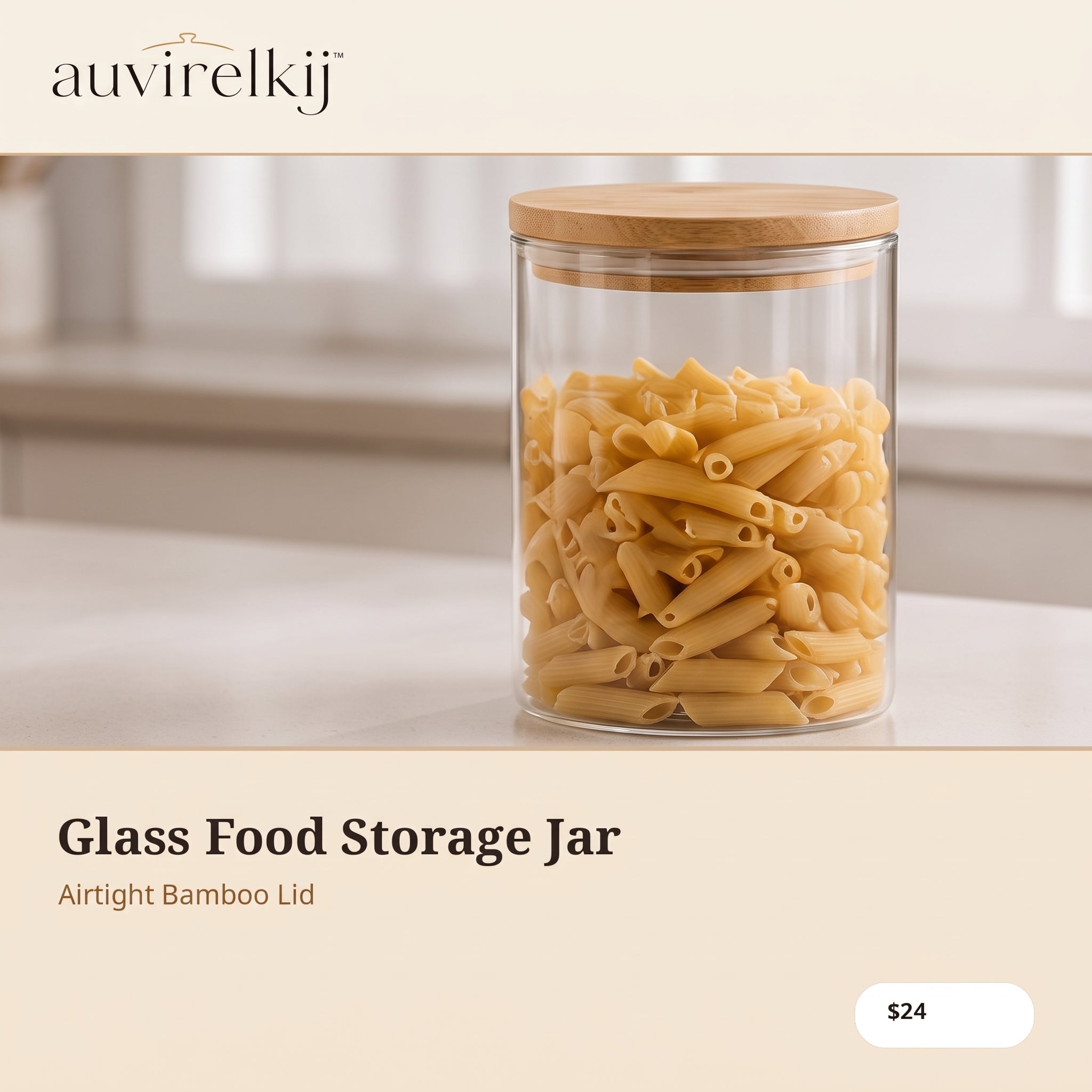 auvirelkij™ Glass Food Storage Jar with Bamboo Lid – Airtight Pantry Canister for Pasta, Cereal, Coffee & Dry Goods