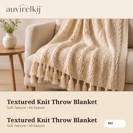 auvirelkij™ Textured Knit Throw Blanket – Soft Lightweight Sofa Blanket, All-Season Couch Throw with Tassel Fringe
